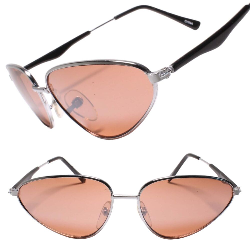 Genuine Vintage Angular Design Womens Cat Eye Silver Sunglasses Brown Lens